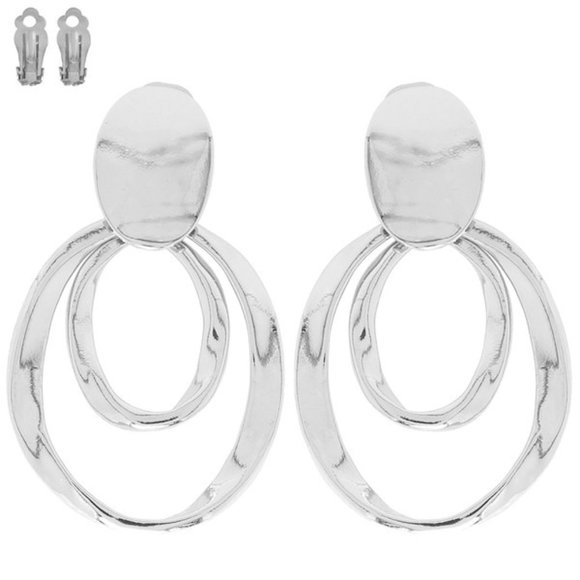 2-Tiered Double Open Circle Clip-On Earrings, Silver - Picture 2 of 3